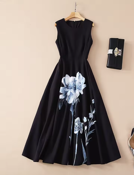 Black sleeveless formal dress with blue floral hem