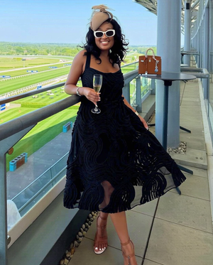 Dress Sleeveless Fitted Swirl Detail Elegant Racecourse Scene