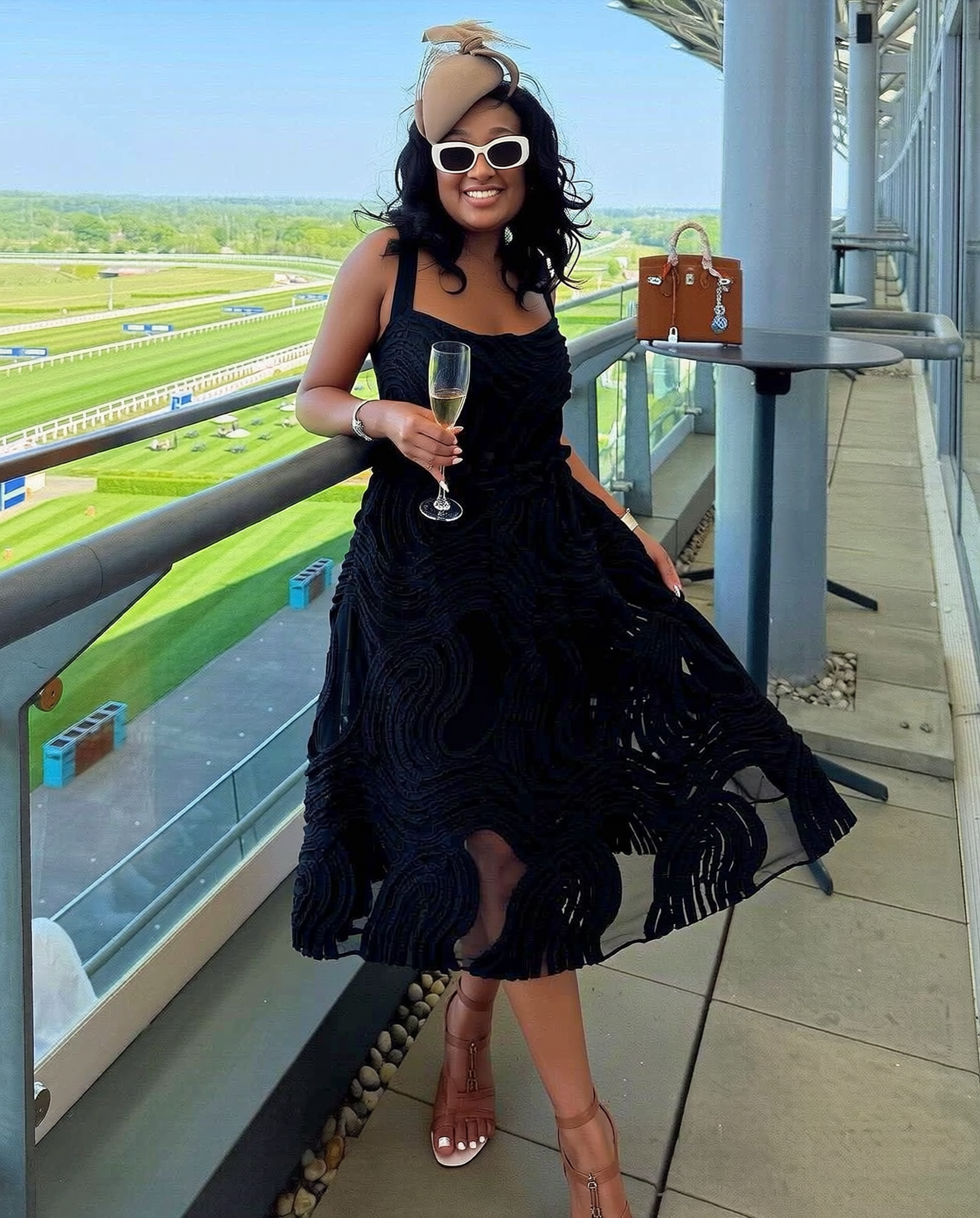 Dress Sleeveless Fitted Swirl Detail Elegant Racecourse Scene