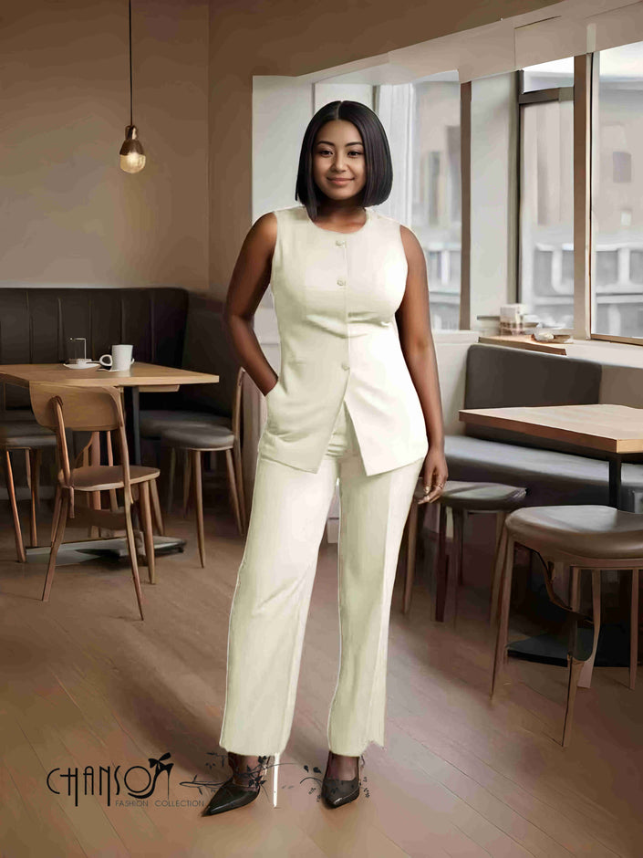 Twin set: sleeveless blazer top and straight trousers, white