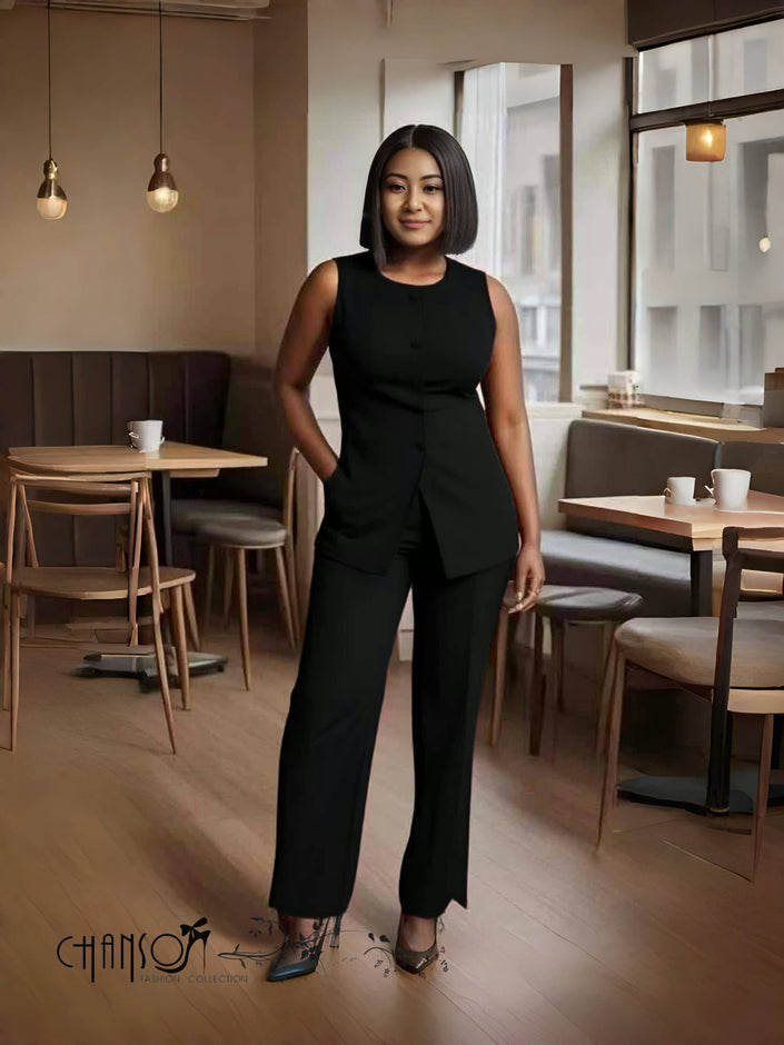 Twin set: sleeveless blazer top and straight trousers, black