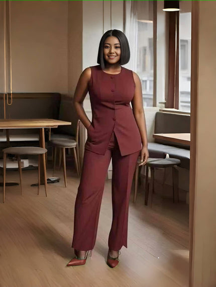 Sleeveless Blazer and Straight-Leg Pants Two-Piece Set