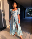 Light blue puff-sleeve sweetheart maxi dress with front slit and ruched bodice