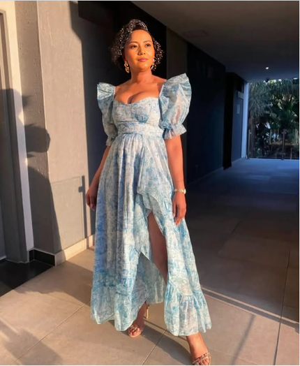 Light blue puff-sleeve sweetheart maxi dress with front slit and ruched bodice