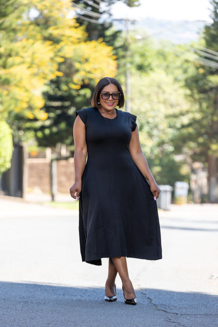 Black sleeveless A-line midi dress with round neckline