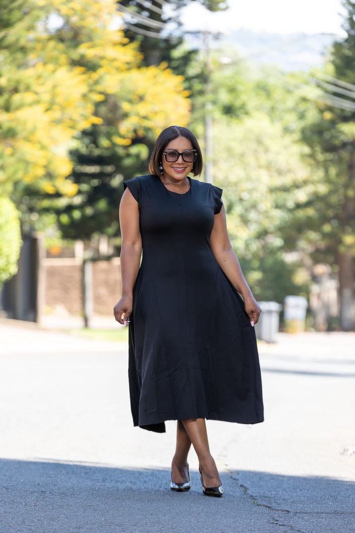 Black sleeveless A-line midi dress with round neckline