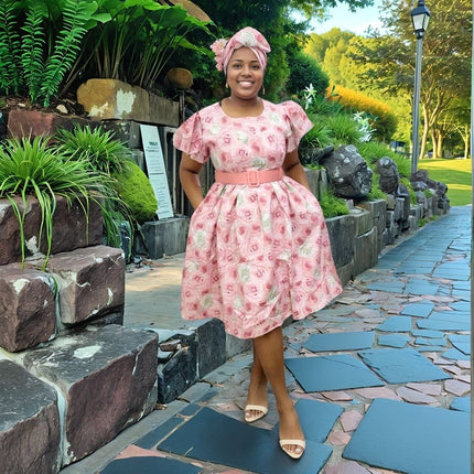 Pink rose print midi dress with puff sleeves and belted waist, round neckline.