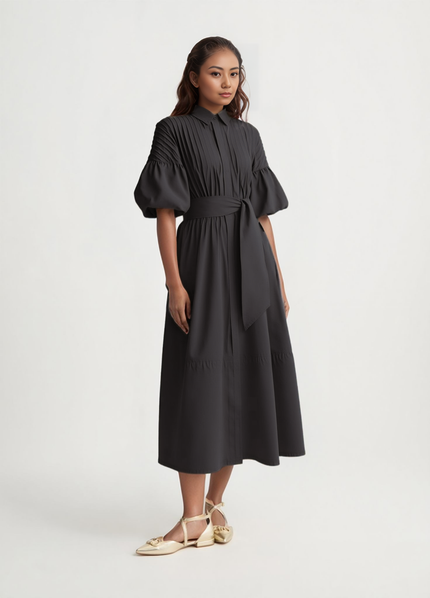 Black puff-sleeve midi dress with adjustable waist tie and button placket