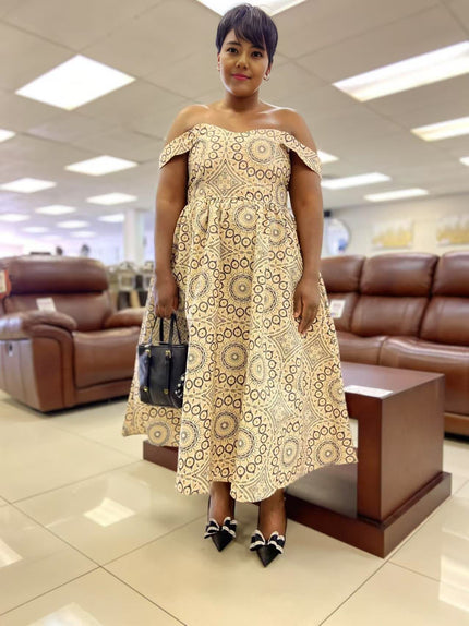 Beige off-shoulder loose-fit geometric dress with short sleeves and midi length