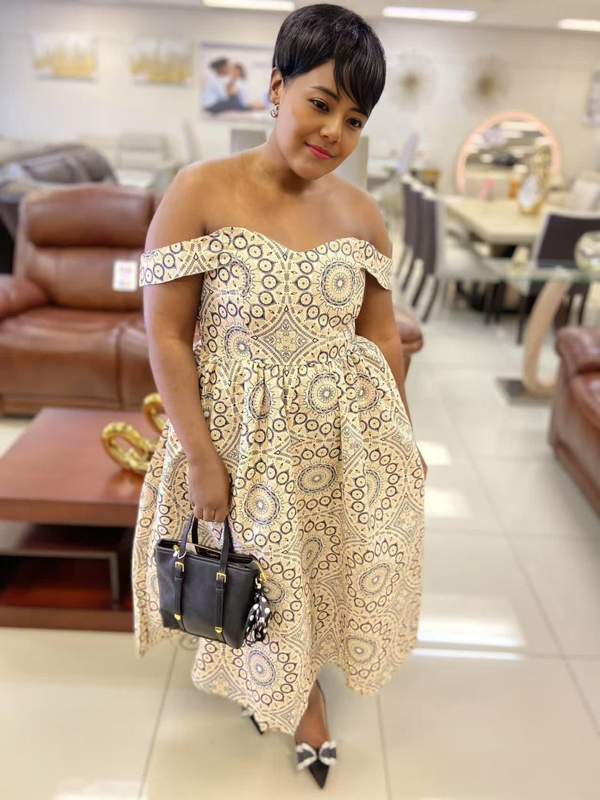 Ethnic Style Off-Shoulder Dress featuring Geometric Patterns and Loose Hem