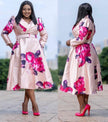 Floral belted midi dress with puff sleeves, pale pink base and pink-purple blooms