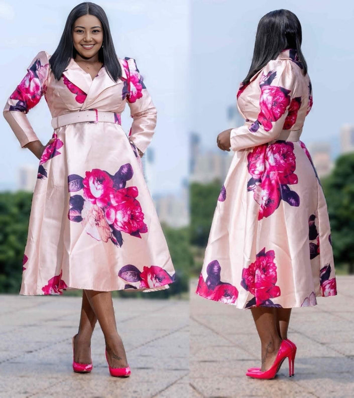 Floral belted midi dress with puff sleeves, pale pink base and pink-purple blooms