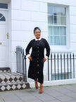 Black midi dress with white contrast collar and button front, long sleeves