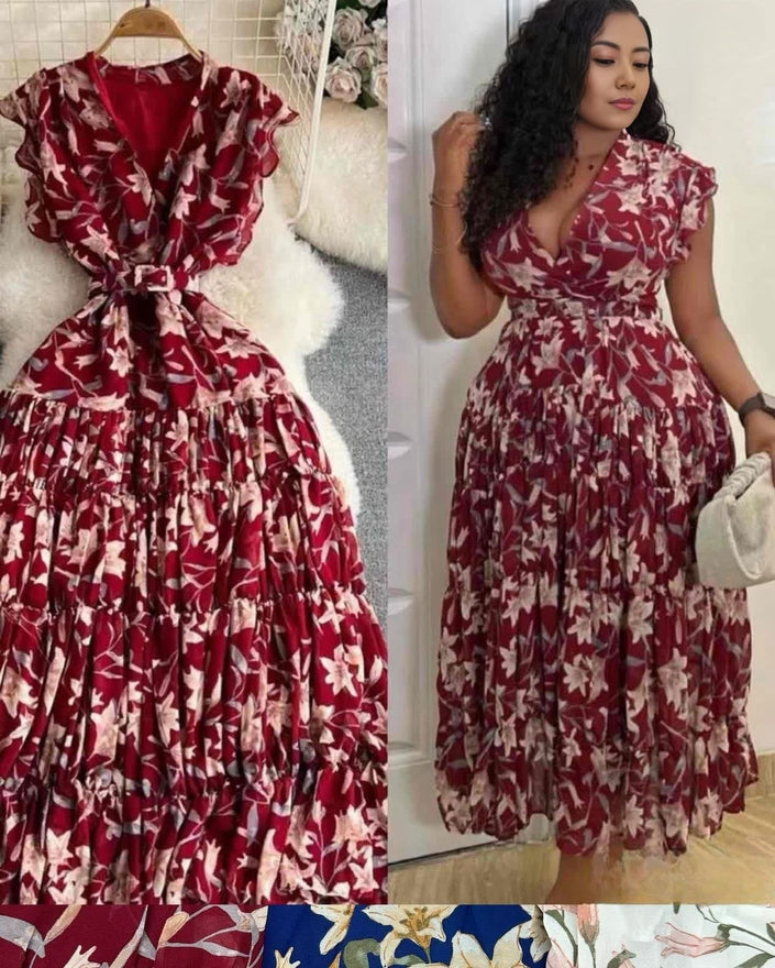 Maroon floral midi dress with puff sleeves and fitted waist tie