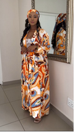 African print maxi dress with matching head wrap, long flowy silhouette