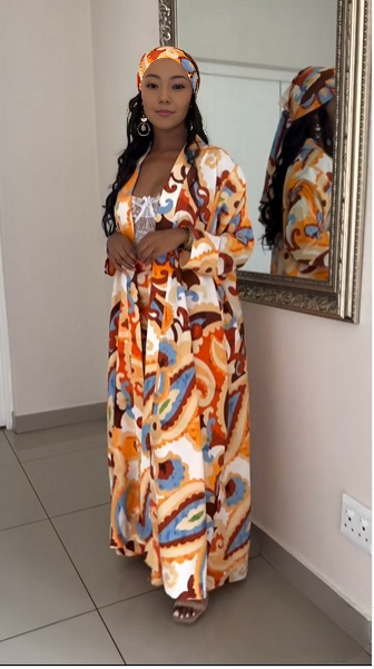 African print maxi dress with matching head wrap, long flowy silhouette