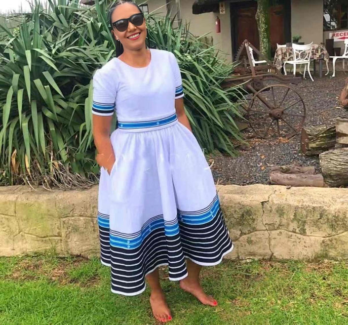 Striped Hem Cinched Waist Mid-Length Dress