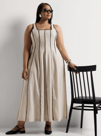 Cream striped sleeveless maxi dress with square neckline and vertical panels