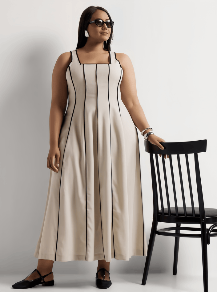 Cream striped sleeveless maxi dress with square neckline and vertical panels