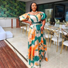 Women's Puff Sleeve V-Neck Dress with Abstract Pattern and High Waist Design