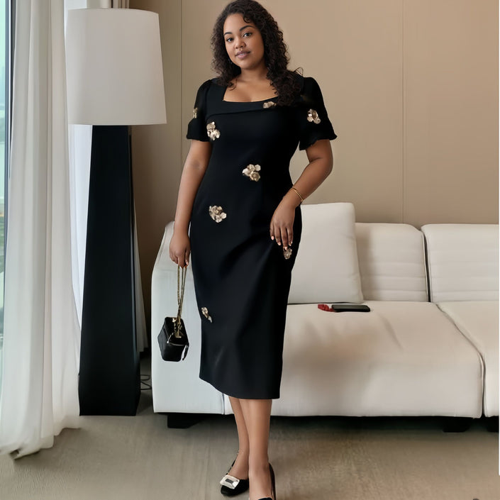 Embroidered Midi Dress with Floral Appliqué and Structured Silhouette
