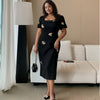 Embroidered Midi Dress with Floral Appliqué and Structured Silhouette