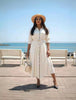 Tie-Waist Button Dress - Women's Casual Elegant Three-Quarter Sleeve Mid-Length Dress