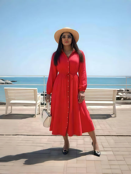 Red tie-waist button-front midi dress with long sleeves and collared neckline