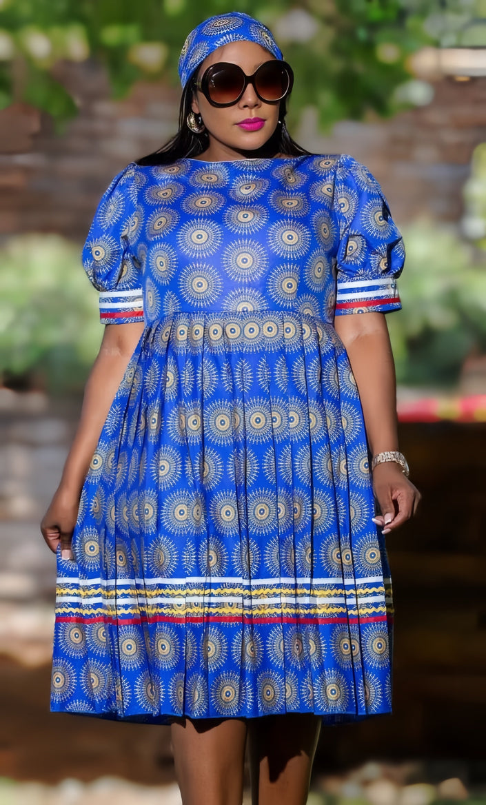 Blue printed puff sleeve dress with round neck and tiered skirt