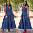 Sleeveless Tiered Maxi Denim Dress with V-Neckline and Bow-Tied Shoulder Straps