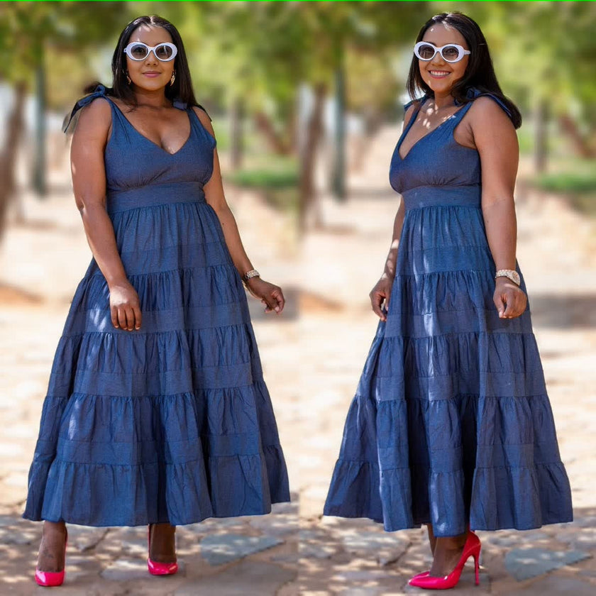 Blue denim tiered maxi dress with sleeveless V-neck and adjustable shoulder straps