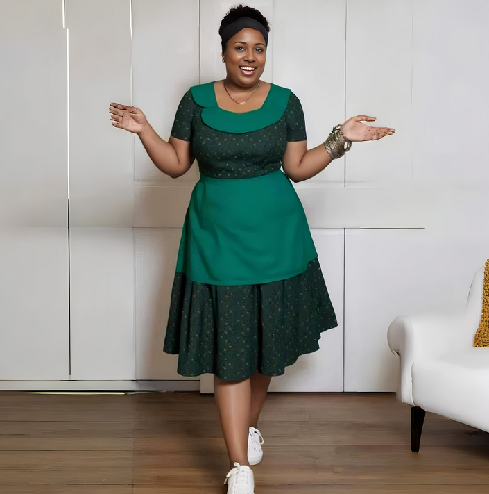 Green floral midi dress with square neckline, short sleeves, fitted high waist skirt