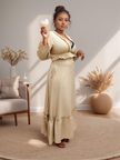 Long Sleeve V-Neck Ruffle Dress with Waist Cutout Design and Long Skirt Hem