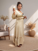 Long Sleeve V-Neck Ruffle Dress with Waist Cutout Design and Long Skirt Hem