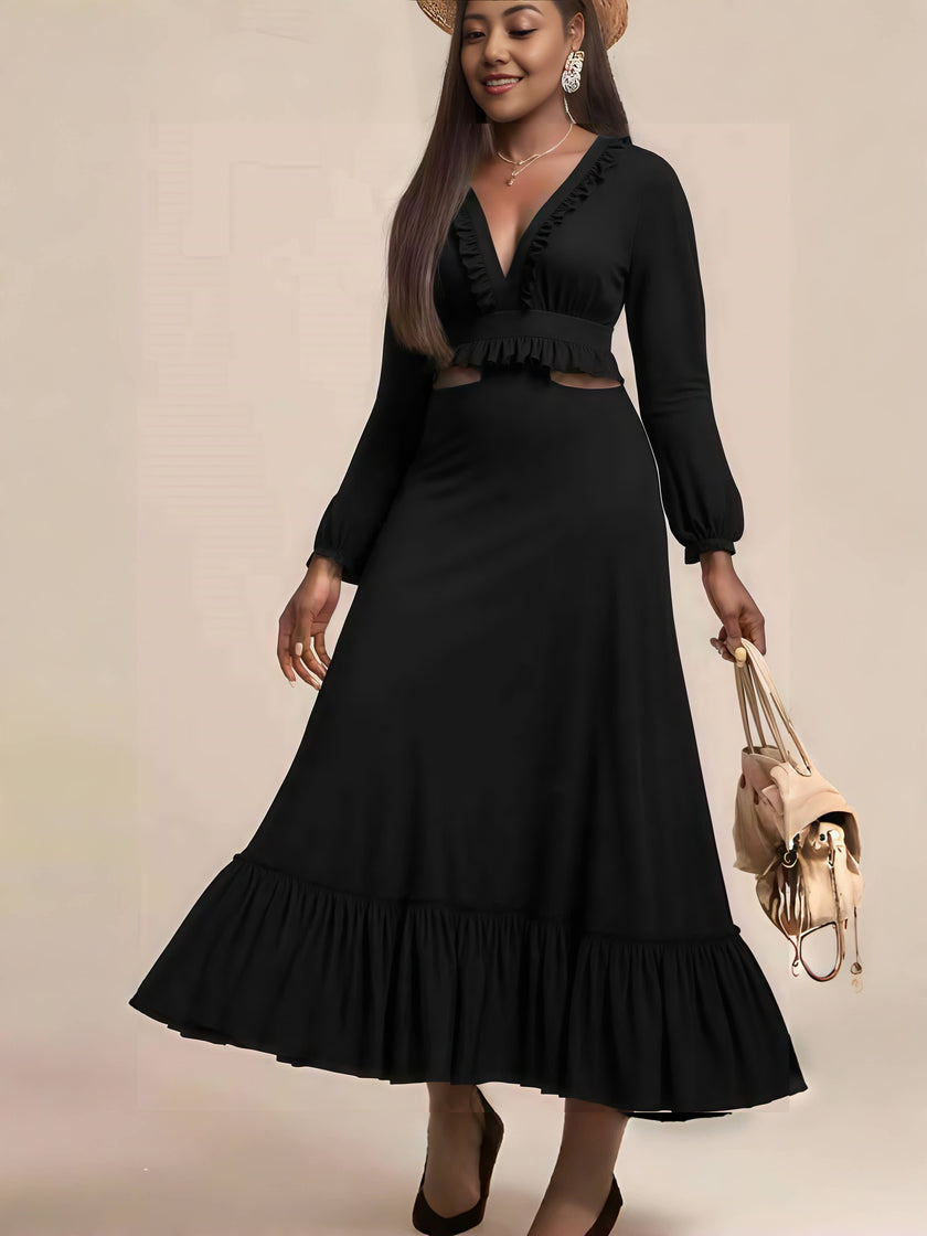 Black ruffle maxi dress with V-neck and long sleeves, tiered skirt