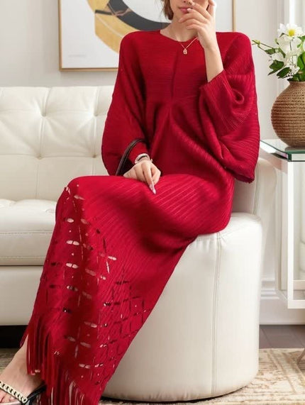 V-neck Loose Knitted Dress with Long Sleeves and Hollow-out Tassel Hem