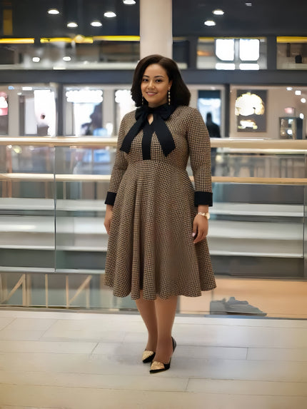 Plaid midi A-line dress with bow neck, long sleeves