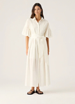 White puff-sleeve midi dress with adjustable waist tie and V-neck button front