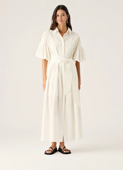 White puff-sleeve midi dress with adjustable waist tie and V-neck button front