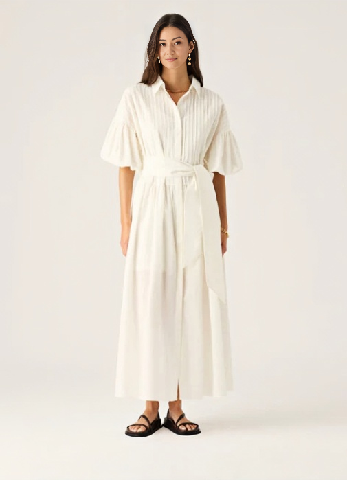 White puff-sleeve midi dress with adjustable waist tie and V-neck button front