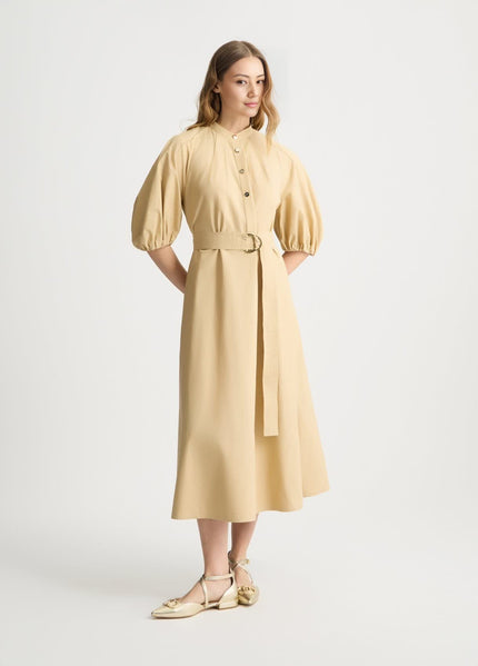 Beige puff-sleeve midi dress with adjustable waist tie and buttoned neckline