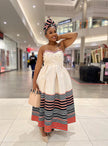 Women's strapless traditional off-white midi dress with striped hem