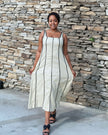 Light cream striped sleeveless maxi dress with square neckline and side pockets