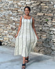 Light cream striped sleeveless maxi dress with square neckline and side pockets