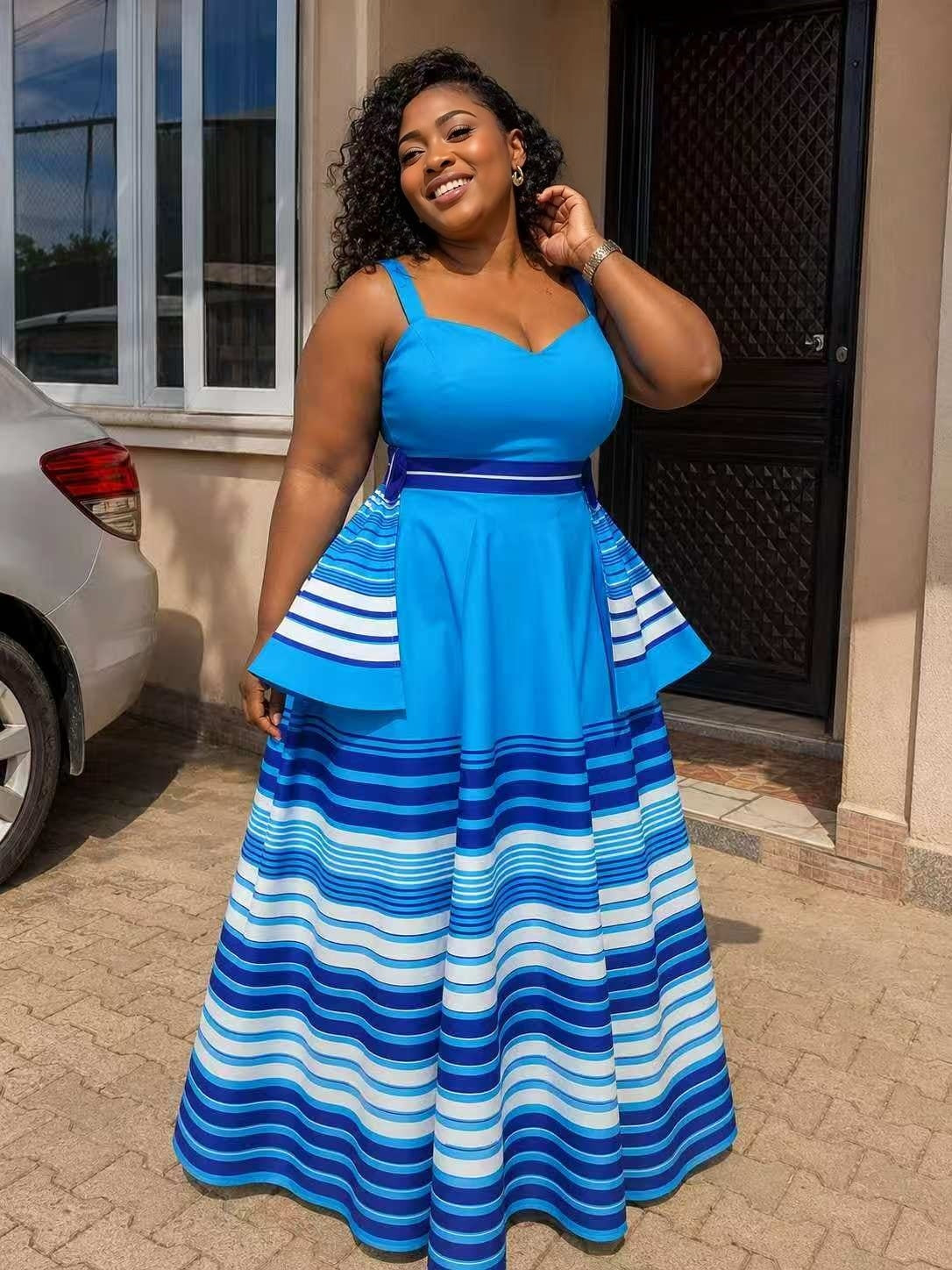 Bright blue striped peplum waist maxi dress for women