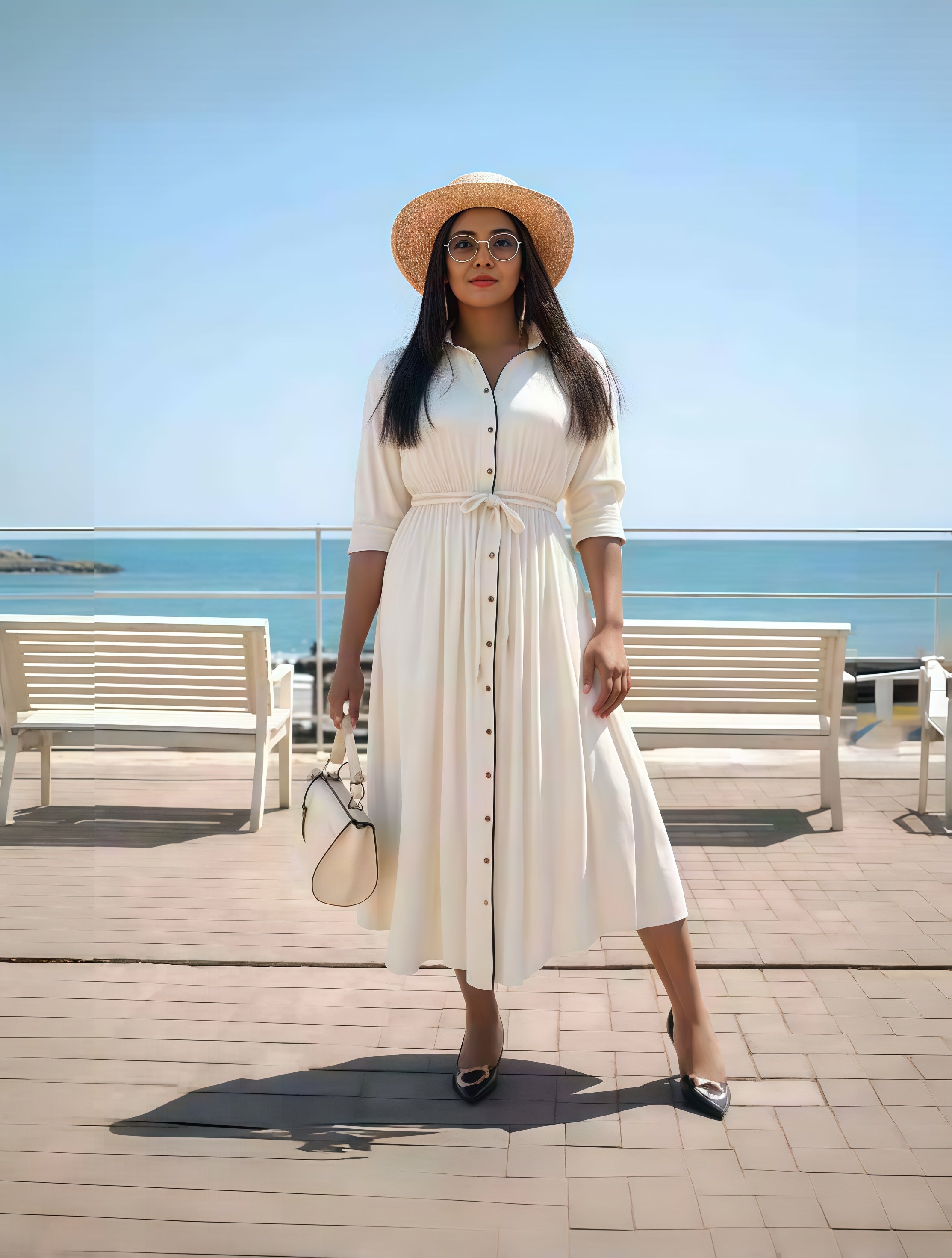 Cream midi dress with tie waist and button-front, long sleeves