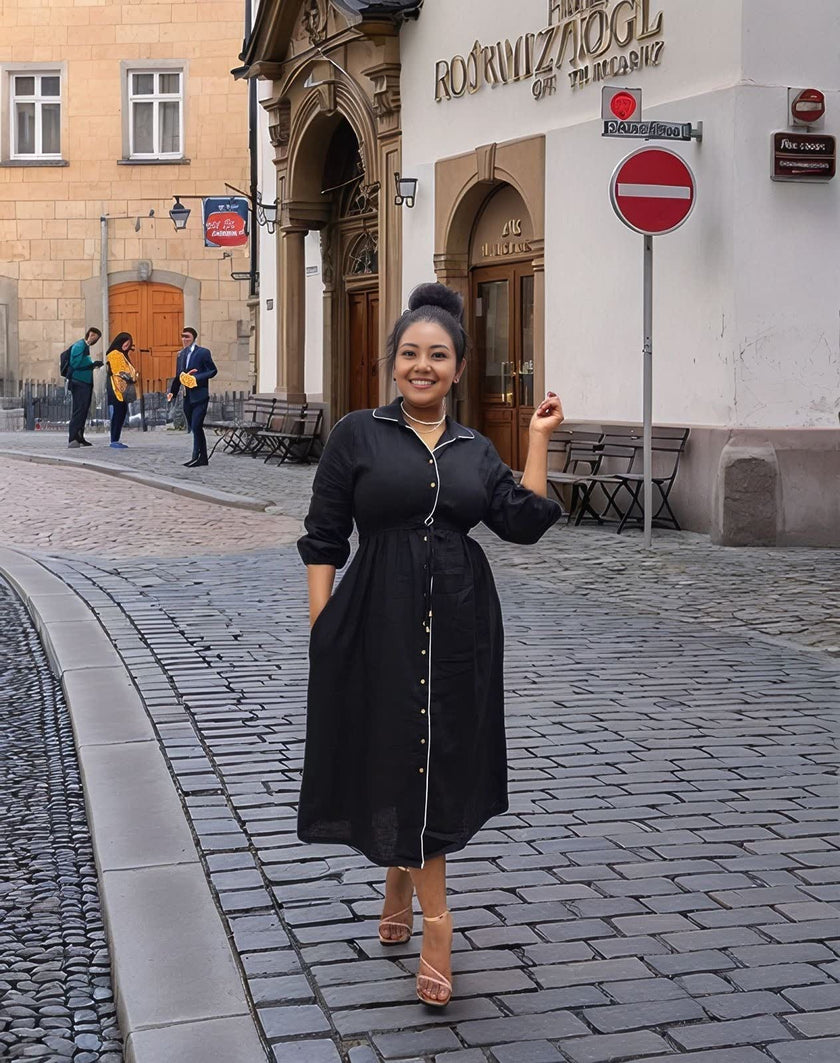 Black midi dress with tie waist and button-front, long sleeves
