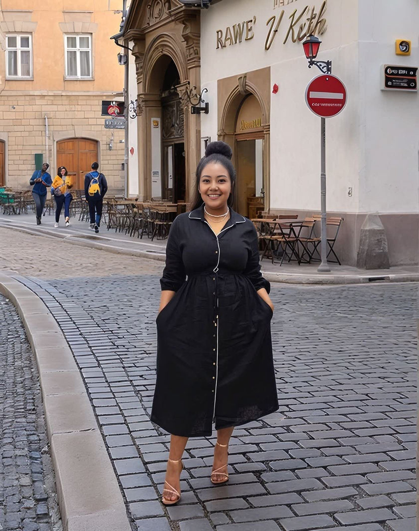 Black midi dress with tie waist and button-front, front view
