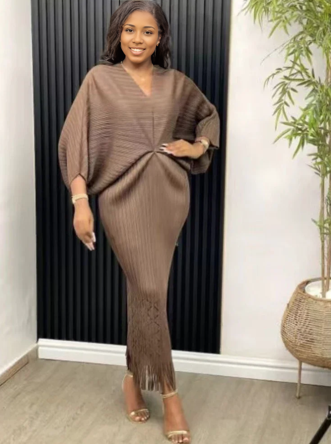 V-neck Loose Knitted Dress with Long Sleeves and Hollow-out Tassel Hem