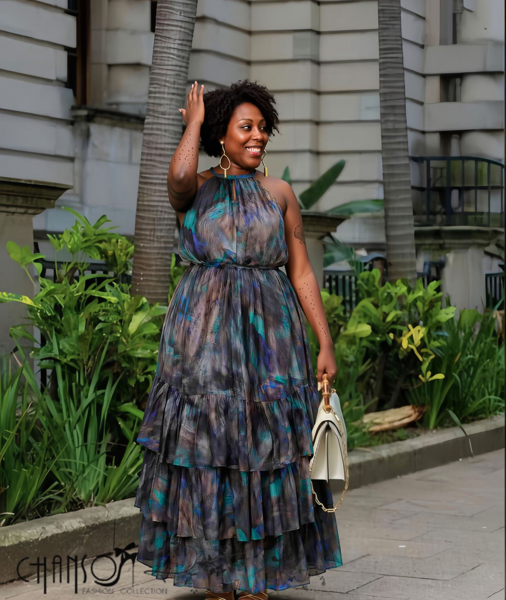Halter Maxi Dress Elastic Waist Tiered Ruffle Skirt Abstract Swirl Print For Party Vacation Gatherings